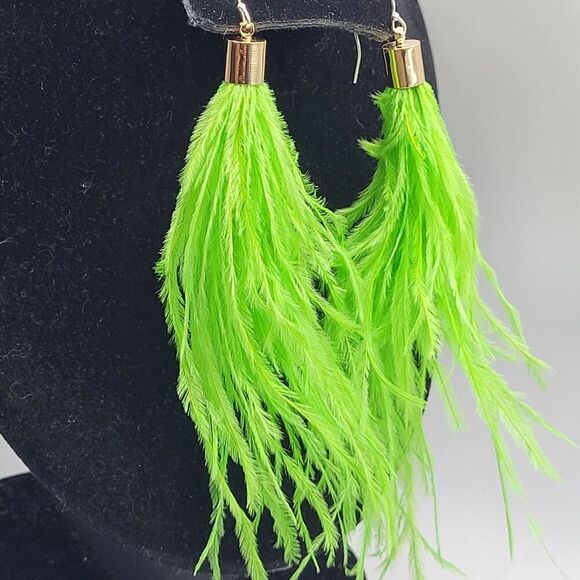 Neon Lime Green Feather Earrings Sterling Silver Hook 5in - Picture 1 of 3